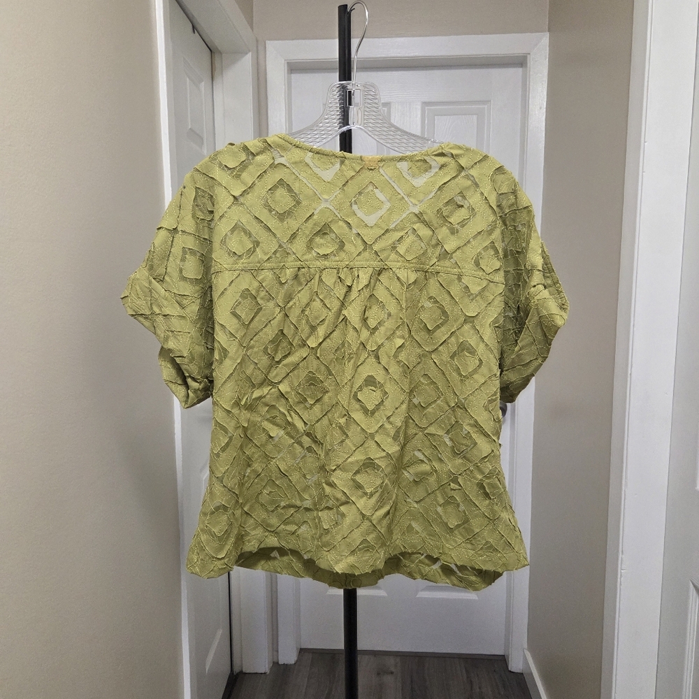 Ruby Rd. Cotton Blend Lace Overlay Button Front Top | Textured Green - Picture 5 of 6